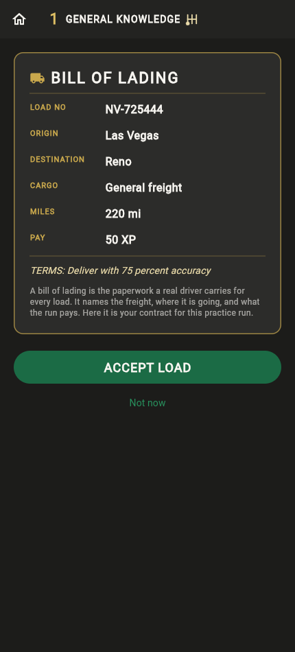 A bill of lading opening a practice haul with load number, route, and pay