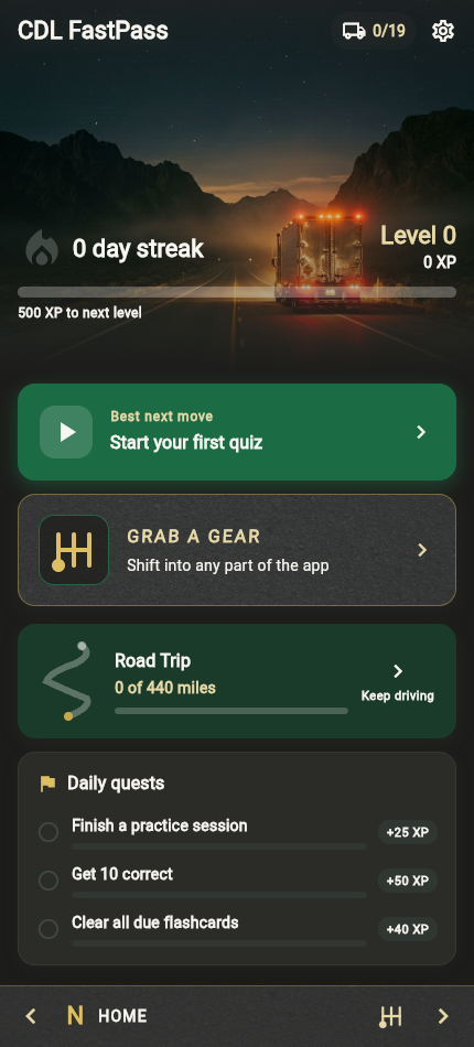 CDL FastPass home screen with the night highway hero