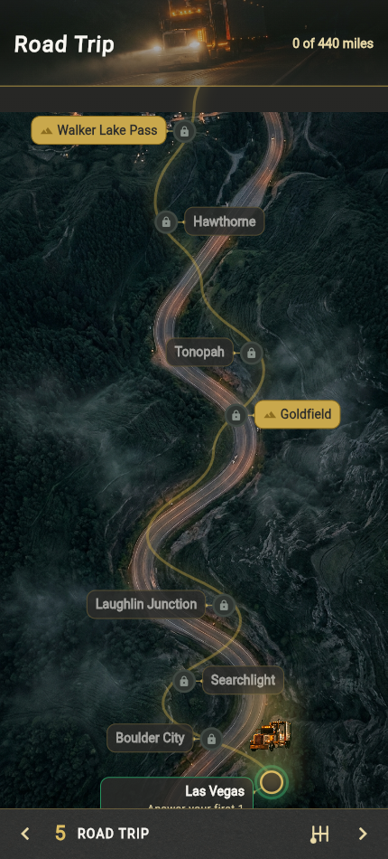 Road Trip progress map with a photographic truck on an aerial night highway