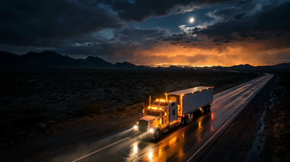 Aerial view of a semi truck on a night desert highway