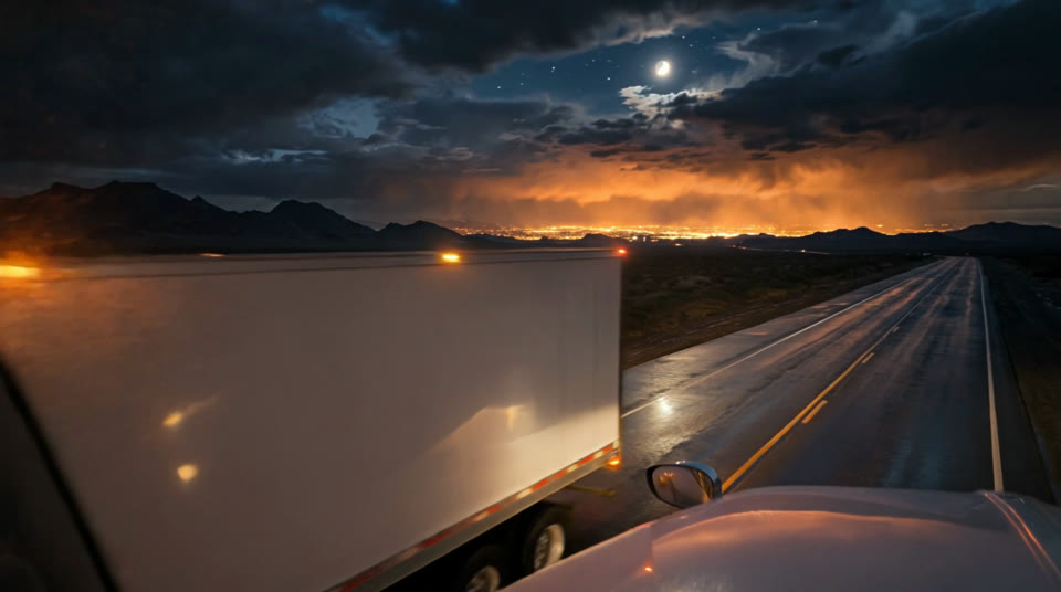 A trailer sweeping past the windshield on a wet highway