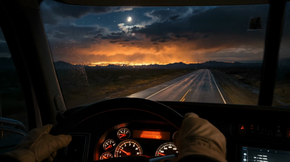 Driver's view over the wheel with glowing gauges at night